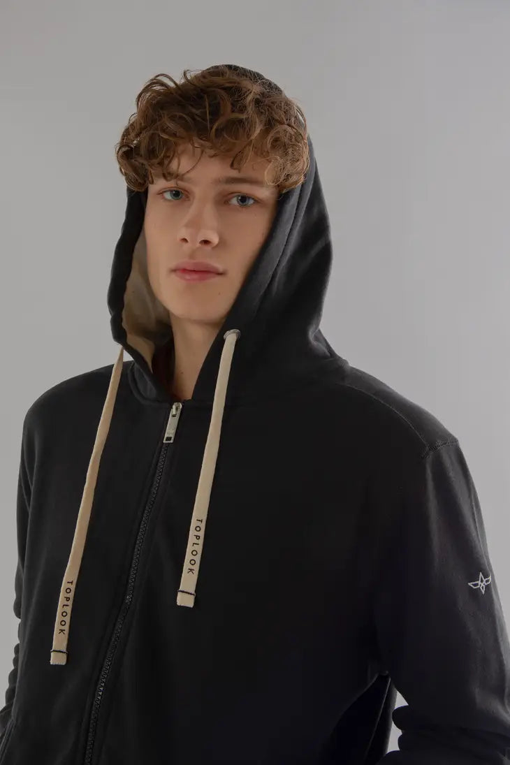 Kapuzenpullover mit Reißverschluss aus Baumwoll-Fleece (SCHWARZ)