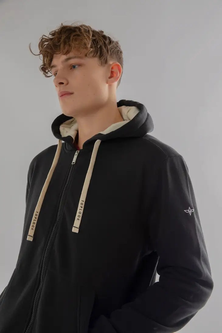 Kapuzenpullover mit Reißverschluss aus Baumwoll-Fleece (SCHWARZ)